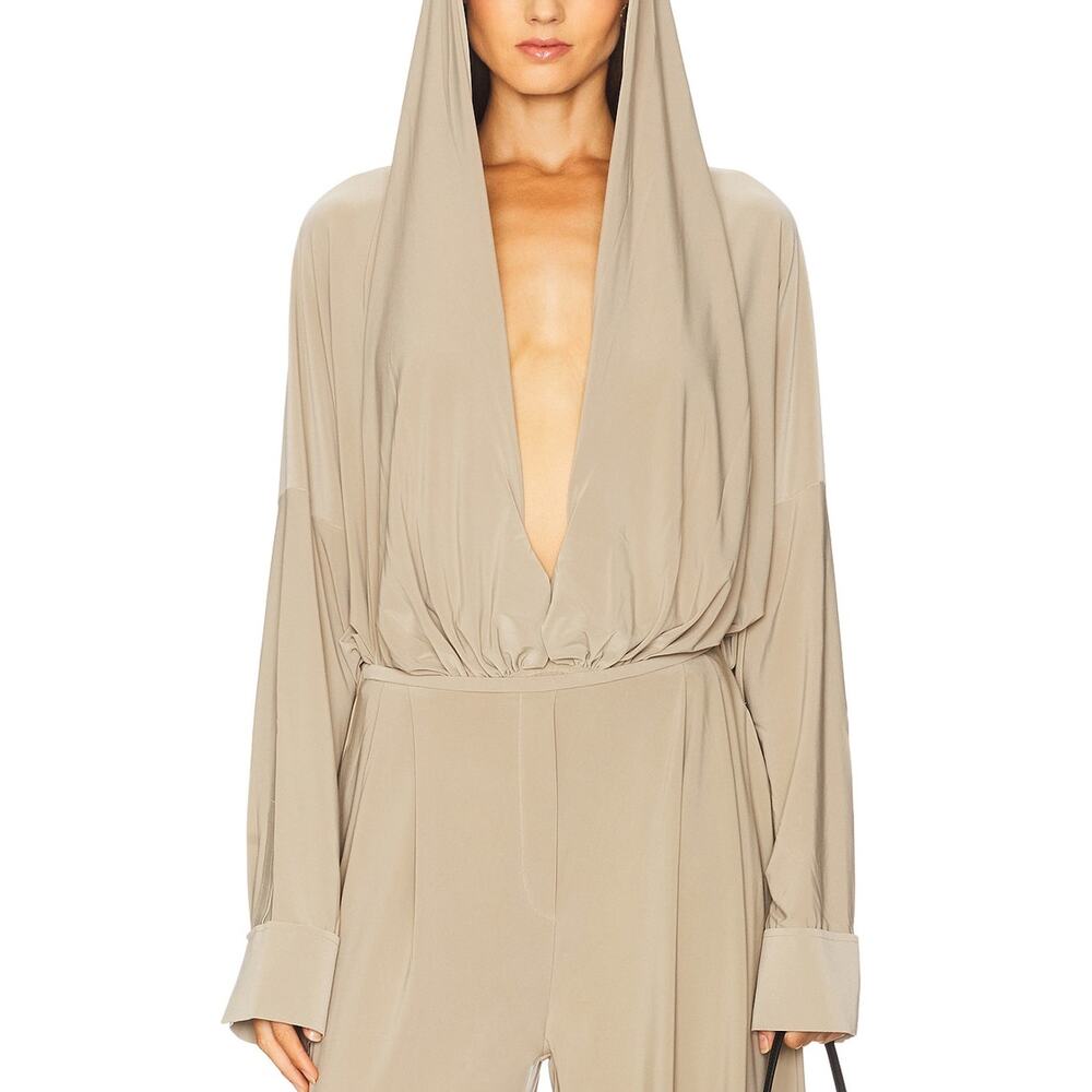 Norma Kamali Oversized Tan Hooded Deep V Bodysuit Size L